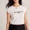 【Abercrombie & Fitch】AF 麋鹿 經典刺繡文字短袖圖案T恤-女-白色(前衣襬綁球 平輸品)