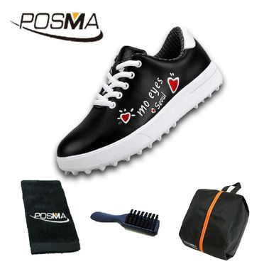 高爾夫球鞋 兒童運動鞋子 女童防水球鞋 塗鴉童鞋 GSH121黑 配POSMA鞋包 2合1清潔刷 高爾夫球毛巾