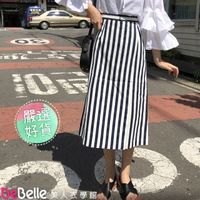 《DeBelle美人衣學館》氣質直條紋高腰顯瘦一片式開衩中長裙