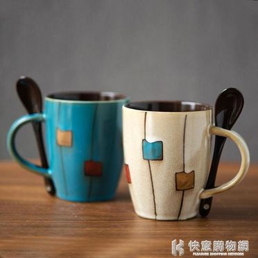 馬克杯 創意陶瓷杯復古個性潮流馬克杯日式簡約杯子咖啡杯家用水杯帶蓋勺